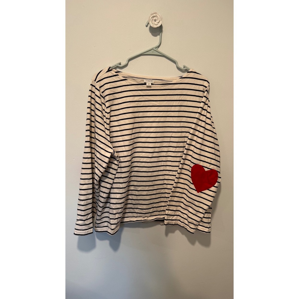 J.Crew Striped Heart Elbow Patch Long Sleeve Boatneck Tee Navy White 2X Cotton